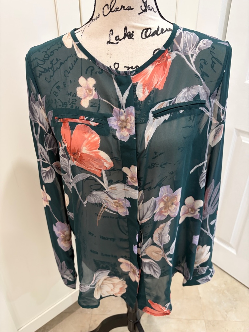 Ovi Sheer Floral Button-Front Blouse in Deep Teal with Coral Blooms